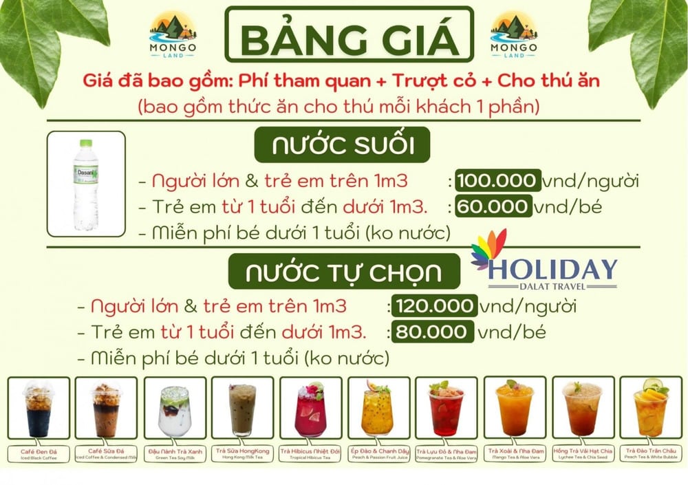 Giá vé đã bao gồm nước suối, tham quan, check-in tiểu cảnh, thức ăn cho động vật và các dịch vụ vui chơi 